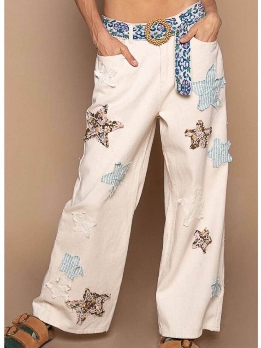POL Cream Wide-Leg Pants with Blue Star Appliqués and Floral Accents